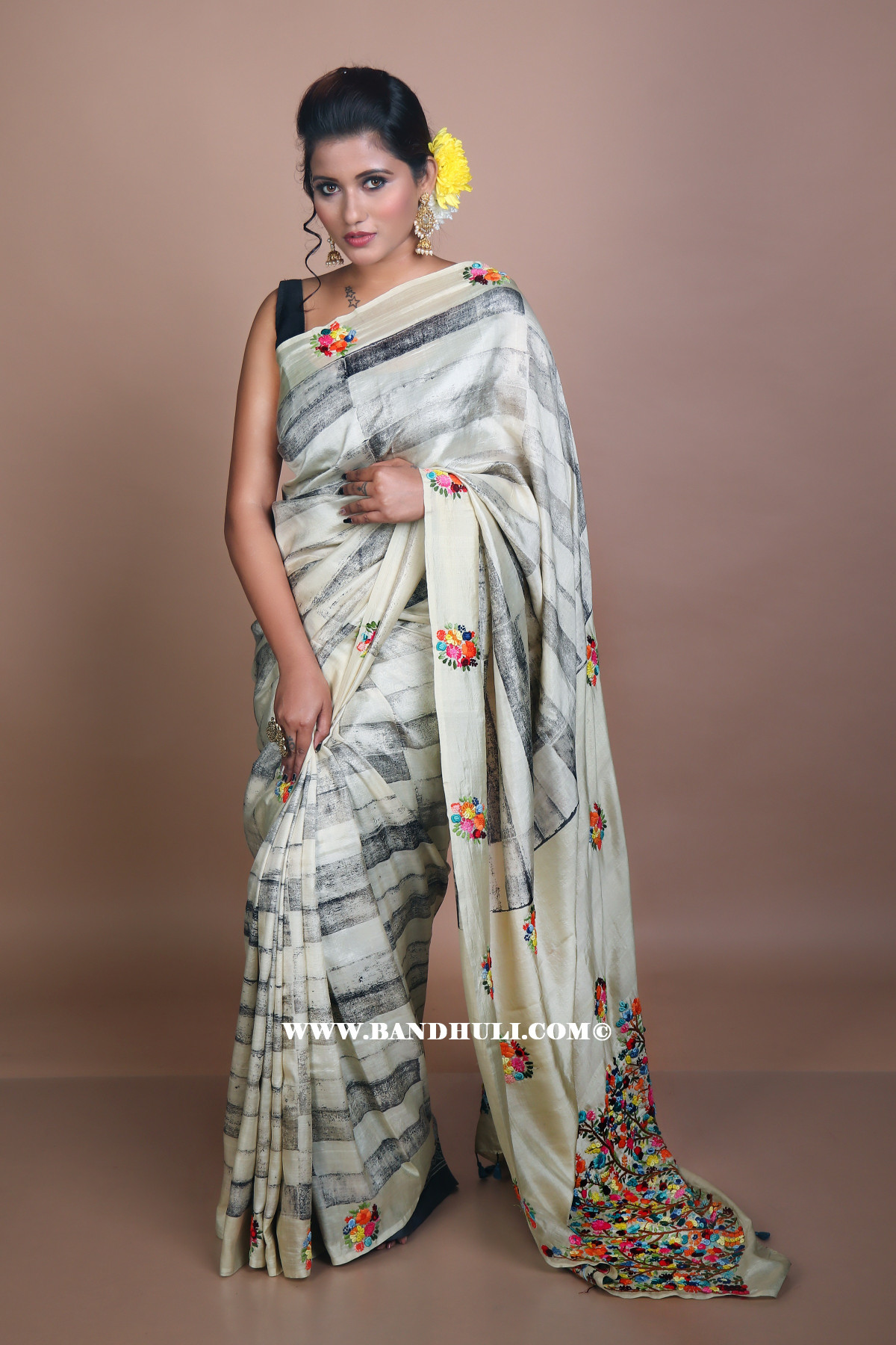 Hand Embroidery Fusion Ajrakh Saree in Beige Color